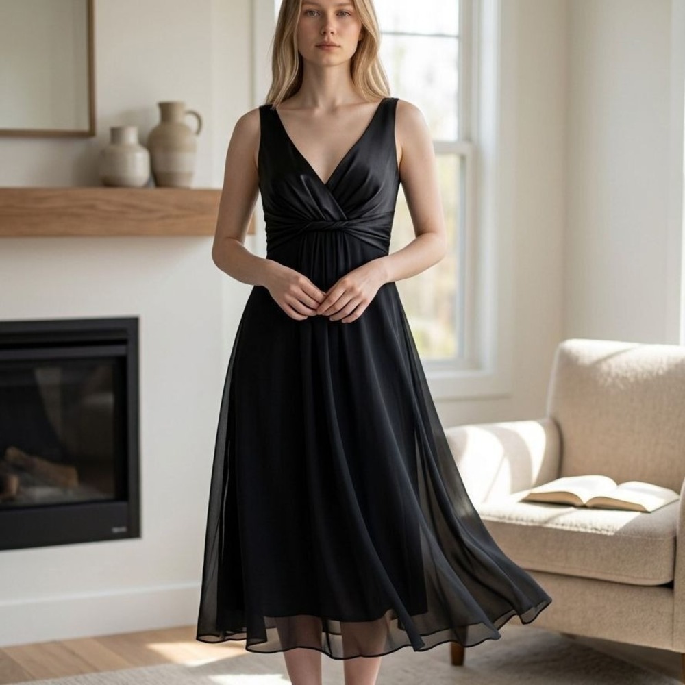 Jones New York Black Sleeveless V-Neck Midi Dress Sz 12  Sheer Overlay Lined